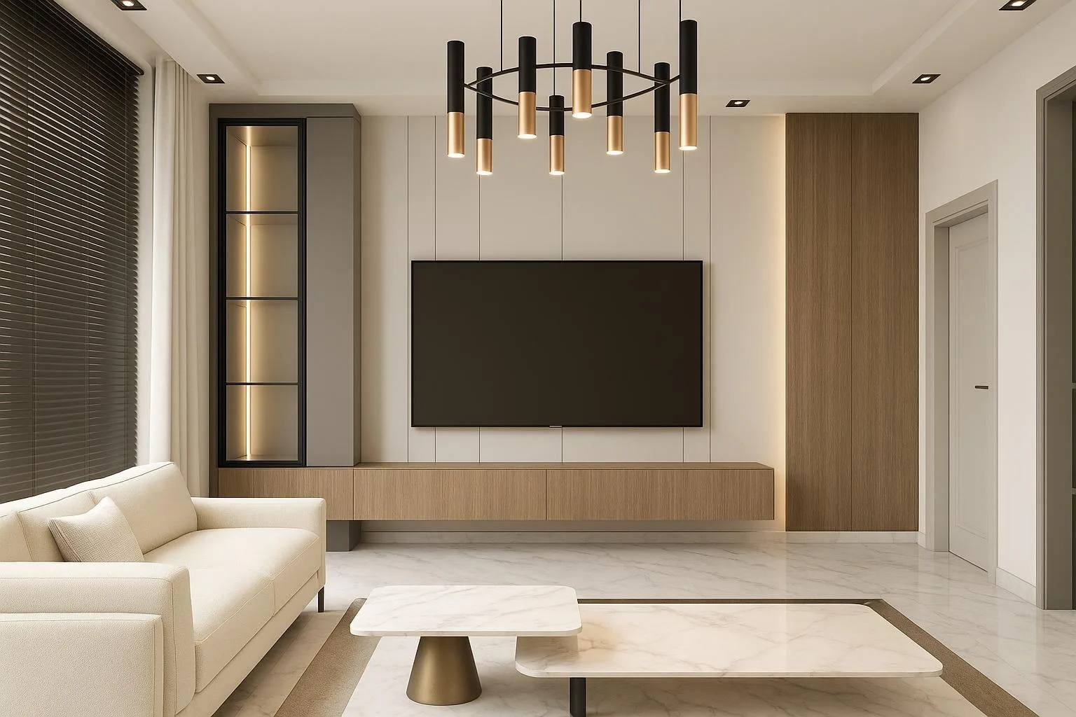 TV duvarı, oturma grubu ve aydınlatmasıyla bütün salon kurgusu
